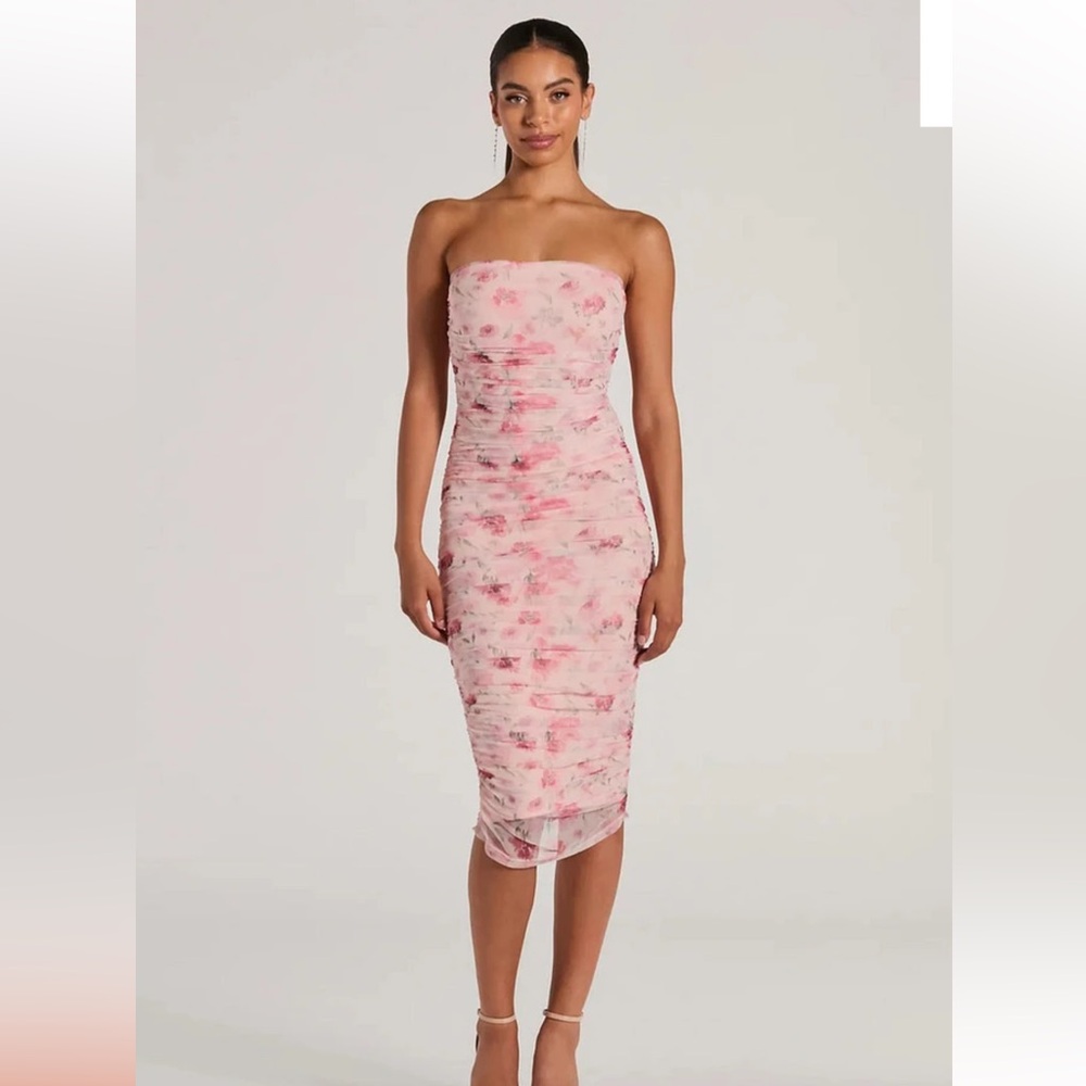 Windsor Love and Floral Strapless Mesh Midi Dress